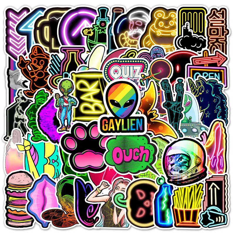 

10/30/50pcs Neon Sign Cartoon Stickers Funny Cute Aesthetic Art Laptop Scrapbook Diy Gradient Laser Car Waterproof Decal Sticker