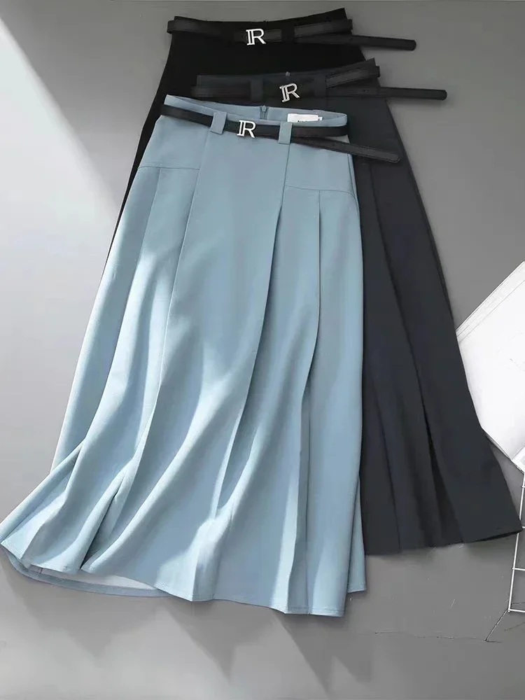 

Korean Style Elegant Fashion A-Line Maxi Skirt Women 2024 Summer High Waist Office Work Big Swing Saias Longas Female L603