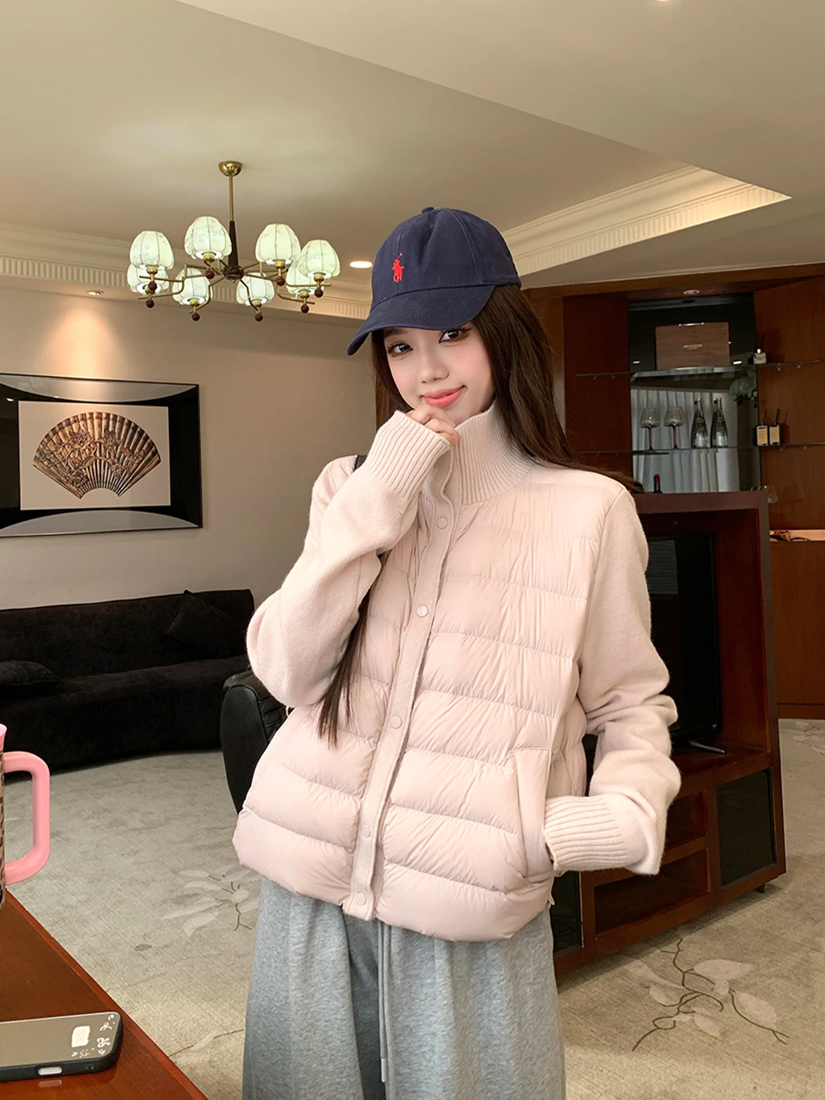 

Warmth Cotton Jaet Women's ort Sle Knitted Patchwork Stand Collar Coat Pink Korean Version Commute Thiened Winter Out...