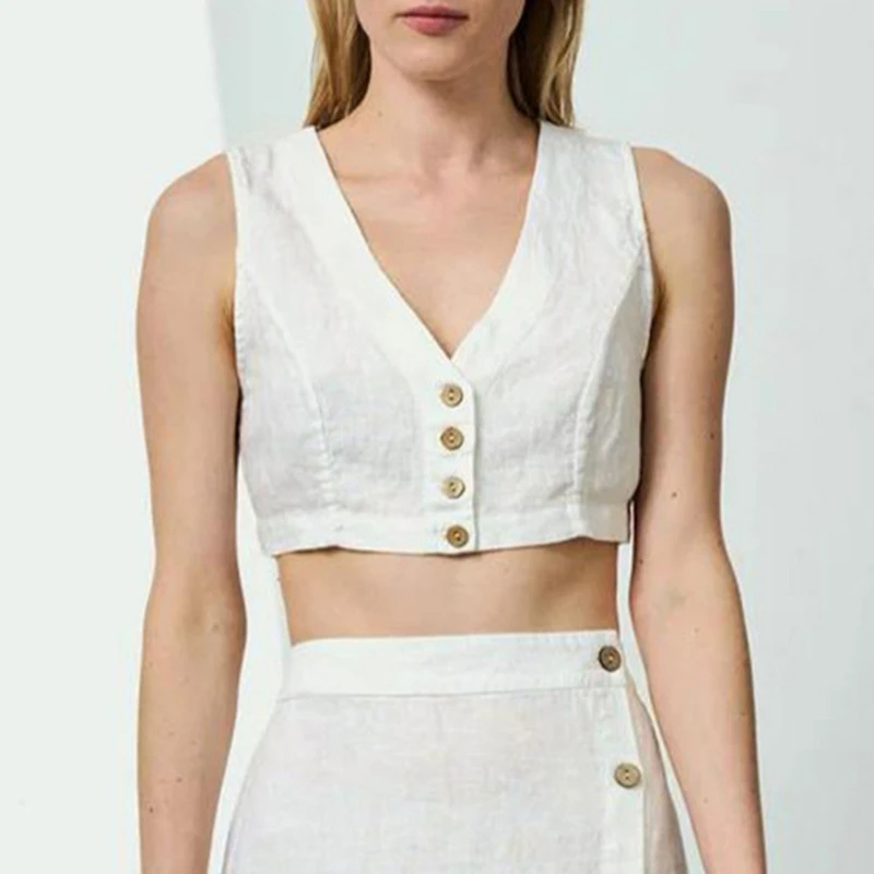 Arts Style 2025 New Arrival Summer Women V Neck Sleeveless Tank Tops All-matched Casual Good Quality Cotton Linen Short Tops Y89