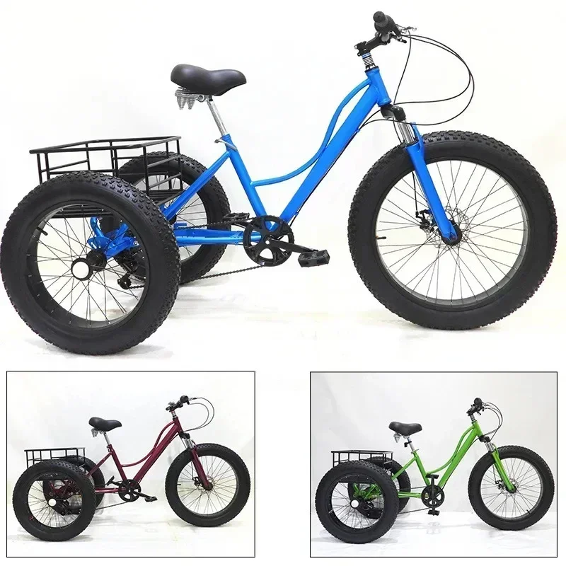 24 inch snow tricycle 4.0 fat tire off-road tricycle double disc brake mtb Mountain Bike 7 speed elderly tricycle with basket