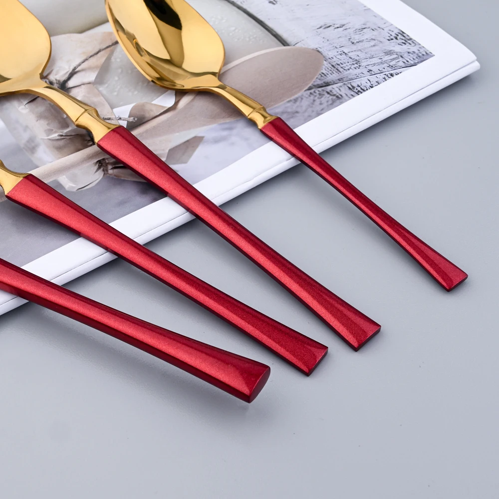 Dinnerware Red Gold Stainless Steel Cutlery Set Tableware Home Dinner Silverware Knife Dinner Fork Ice Spoon Hotel Flatware Set