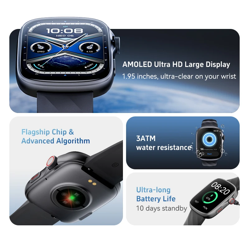 GTS10 Smart Watches 1.95 Inch AMOLED Large Screen Al Intelligent Sleep Analysis Men Sports Fitness Heart Rate Health Smartwatch