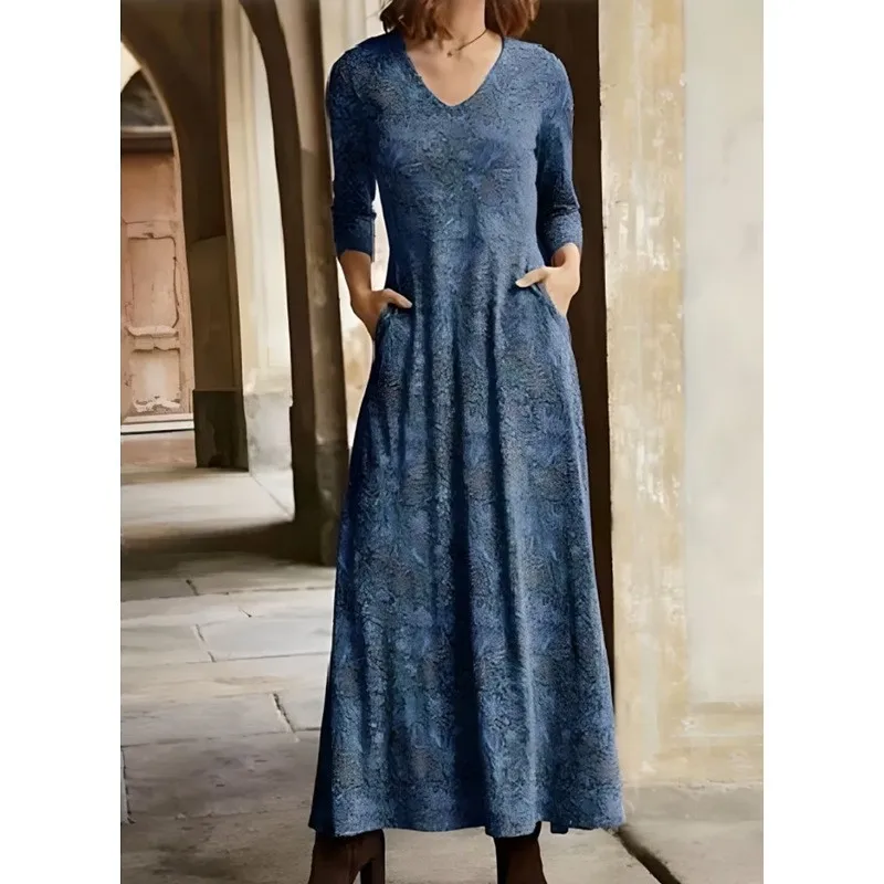 Printed Long Sleeve Skirt with Loose Waist Casual a Line Long Skirt for Women Autumn V Neck Regular Sleeve Pullover 3d Pattern