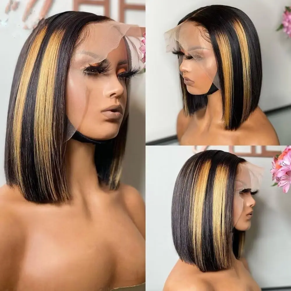 1B/27 Short Bob Wigs Brazilian Human Hair Ombre Highlight color Transparent Lace Frontal Bob Wigs Straight Hair For Women