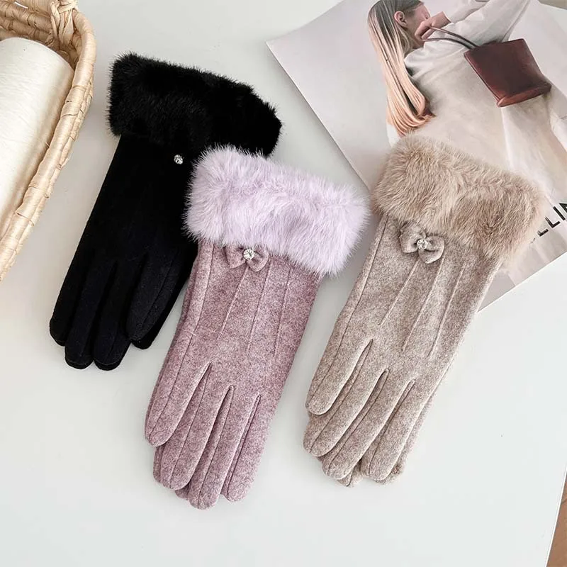 New Winter Gloves for Women: Cashmere Haircoat, Three Thread Butterfly Knot with Diamond, Three Color Warm Gloves
