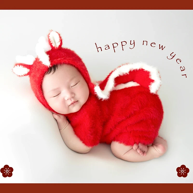 Year Of The Dragon Themed Newborn Photography Outfit Soft Mohair Jumpsuit + Hat 2pcs/Set Infant Studio Photography Accessories