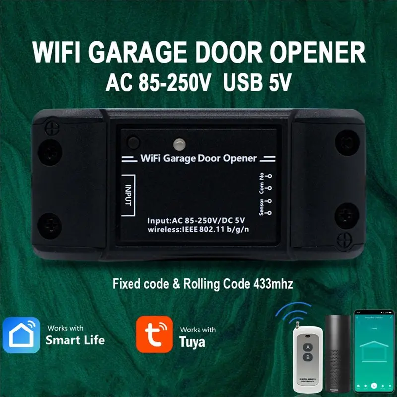 B50B-ユニバーサルAC85-250V Tuya Wifiスマート433Mhz固定ローリングコードガレージゲートドアオープナーRFレシーバー（ドアセンサー付き、USB5V）