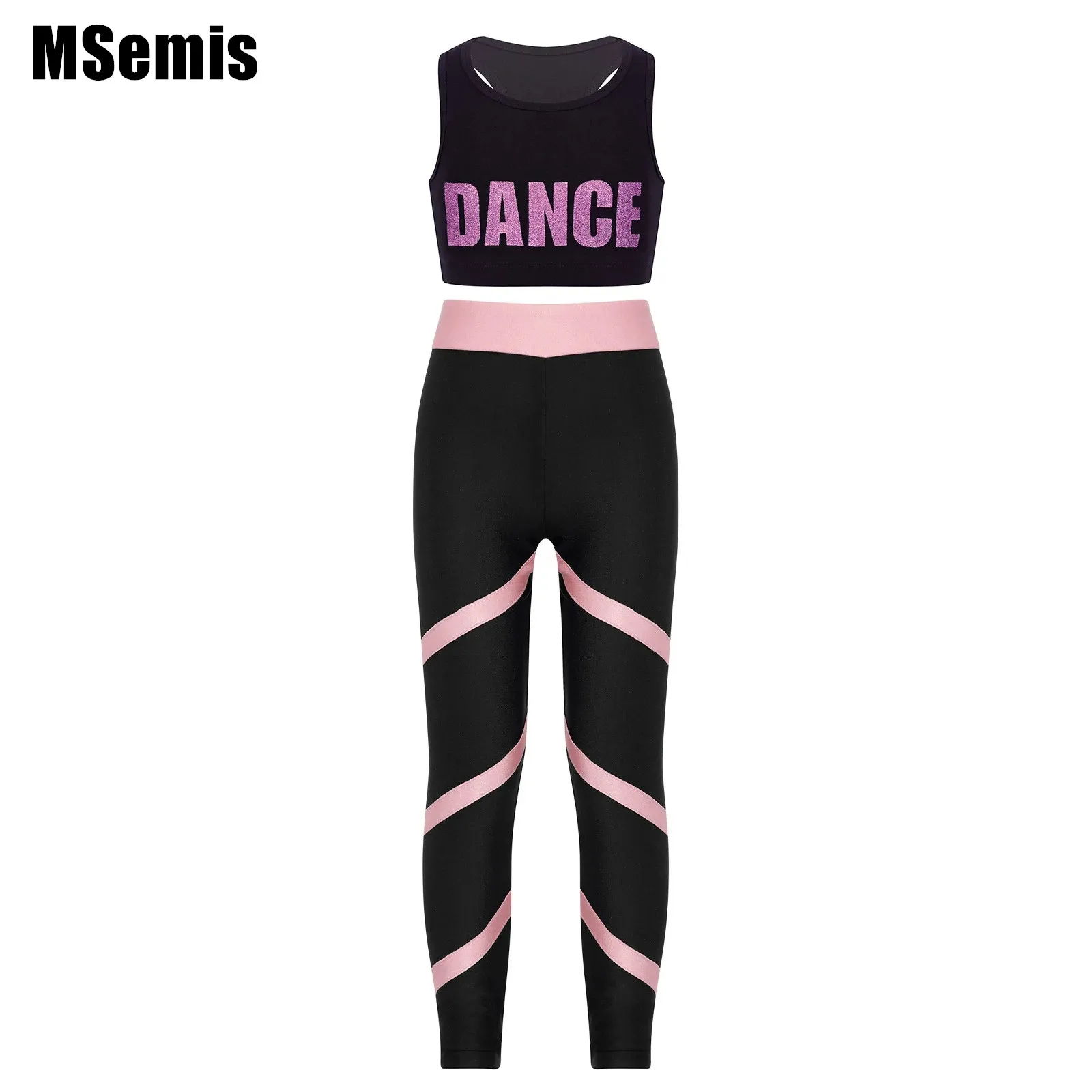 

Kids Girls Gymnastics Set Sleeveless Racerback Crop Top with Elastic Waistband Pants for Performance Dance Competition