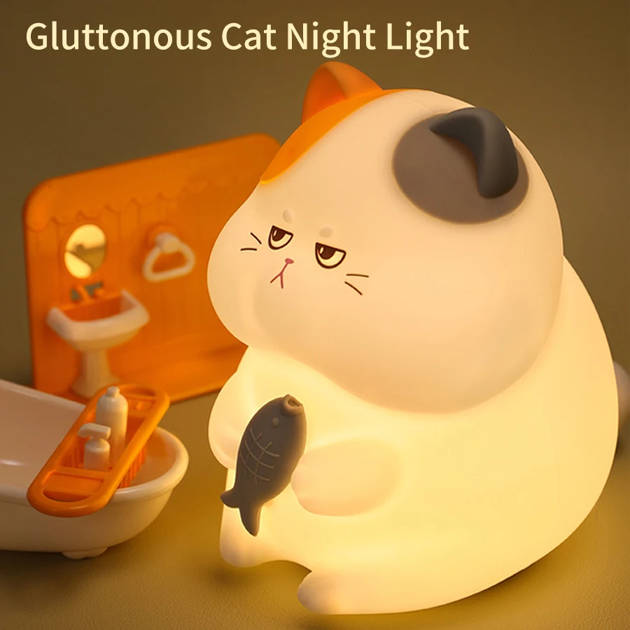 Gluttonous Cat Night Light Silicone Touch Patting Lamp Fun Cat and Fish Lamp Rechargeable Animal Light Bedside Desktop Ornaments