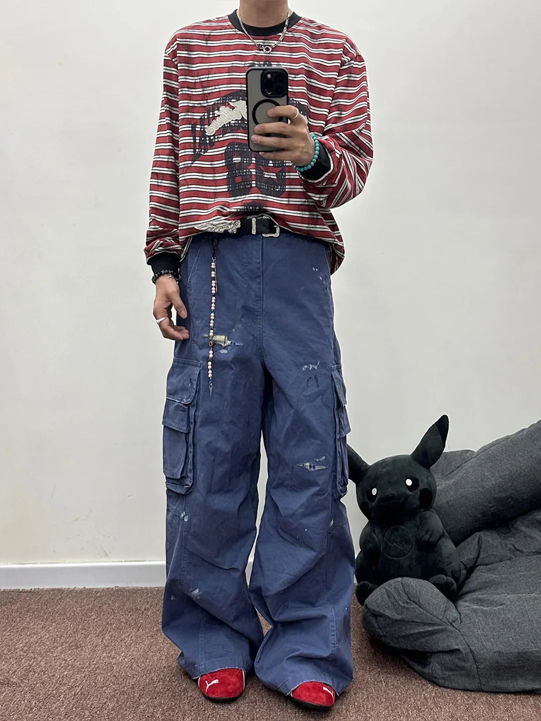 

American Design Loose Wide Leg Workwear Casual Pants Men Women Casual Loose Fit Trousers Multi ket und Scuffing