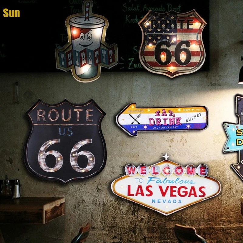 American Retro Wall Mural Cafe Bar Wall Pendant Lamp LED Coffee Bar Lights Decoration Accessories Vintage Tin Sign Home Decor