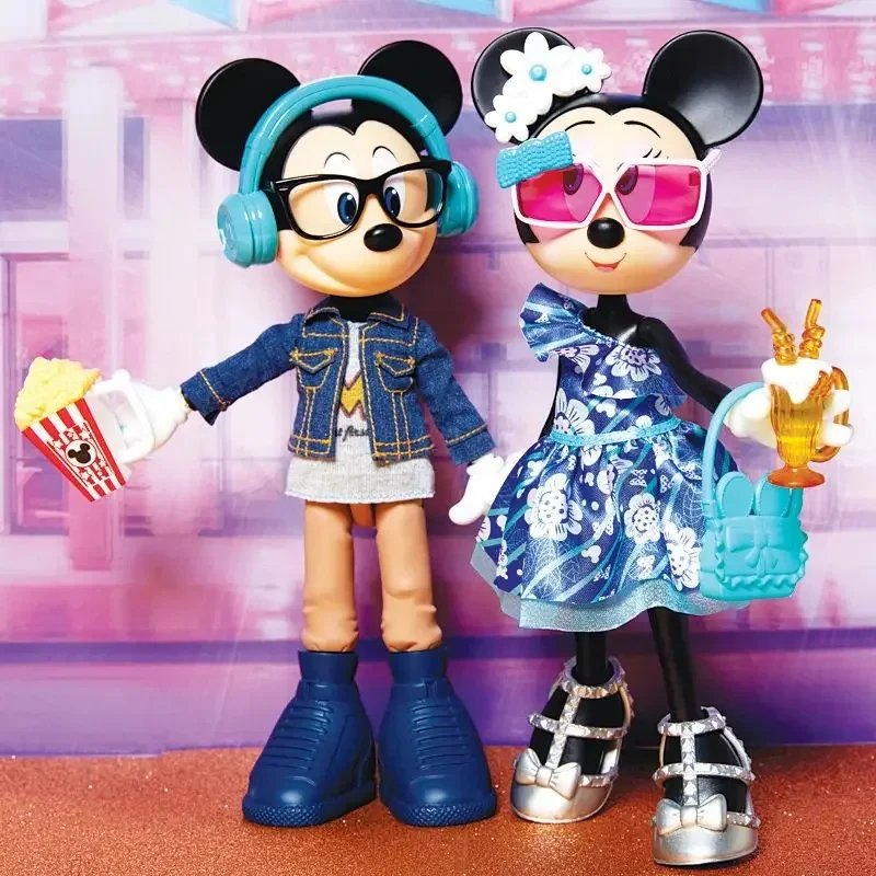 Disney Minnie & Mickey Movie Night Doll 2-Pack Playset Mickey Minnie Dress Up Game Fashionable Doll Children Play House Toys