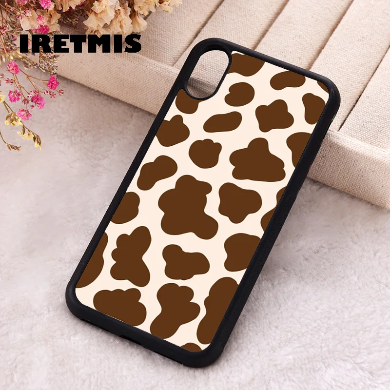 Iretmis Phone Cover Cases For iPhone X XS Max XR 11 12 13 PRO MINI 14 15 16 Plus Rubber Silicone BROWN COW PRINT