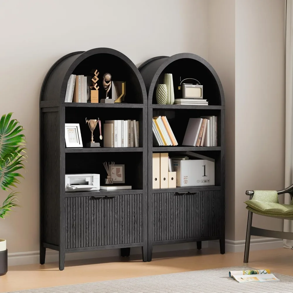 5-Tier Tall Arched Black Bookshelf with Fluted Doors and Shelving, Display Cabinet for Home and Office