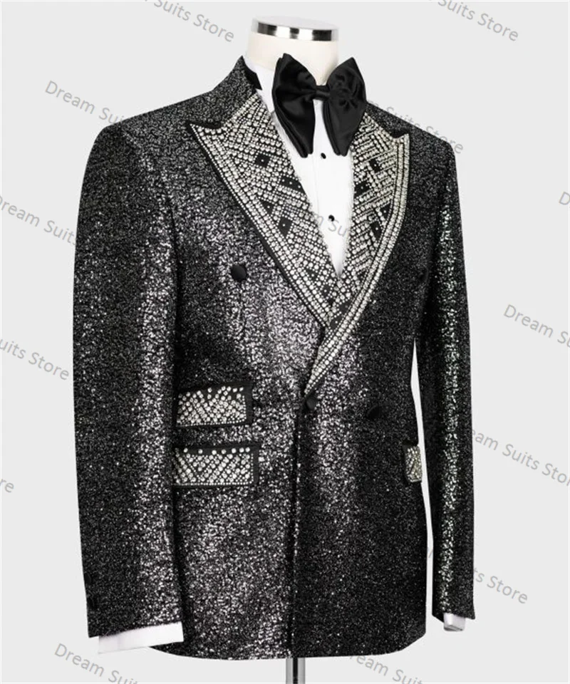 Crystals Sequins Luxury Men Suits 2 Piece Black Blazer+Trousers Wedding Tuxedo Male Prom Coat Customized Formal Office Jacket