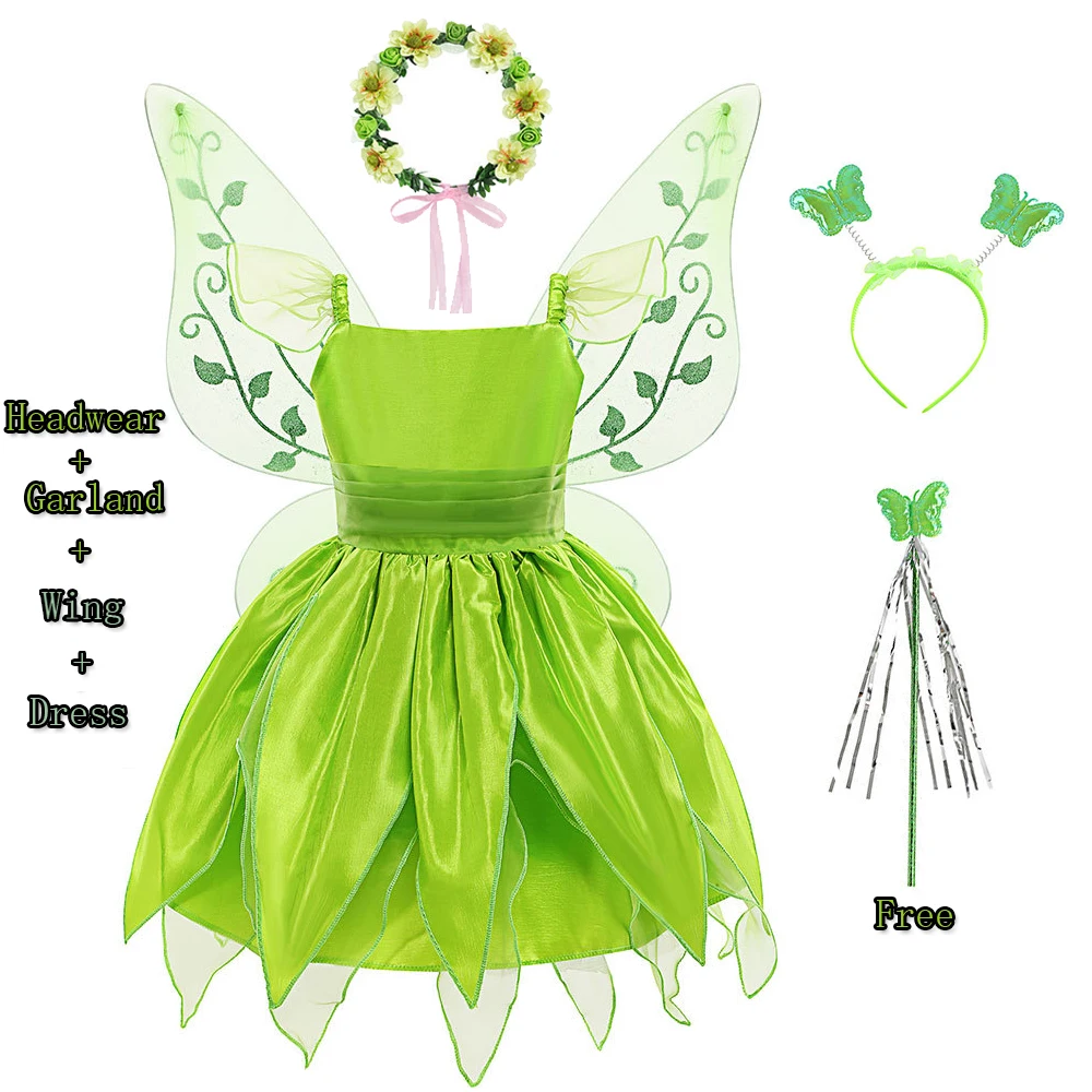 Halloween Tinkerbelling Costume For Girls Flower Fairy Cosplay Outfits Kids Carnival Green Princess Gown Children Birthday Gift