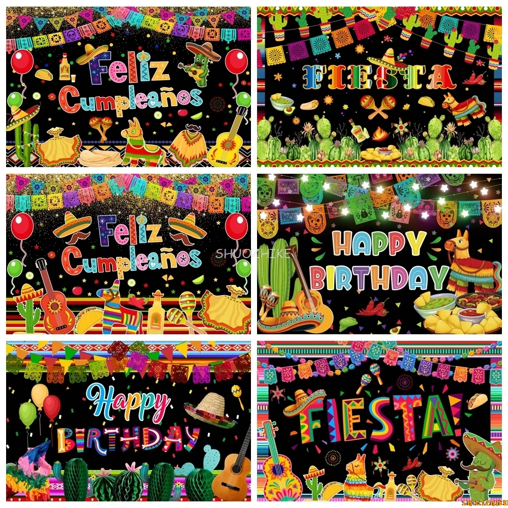 Mexico Fiesta Birthday Backdrop Mexico Cinco De Mayo Party Cactus Guitar Straw Hat Colorful Festival Photography Background Deco