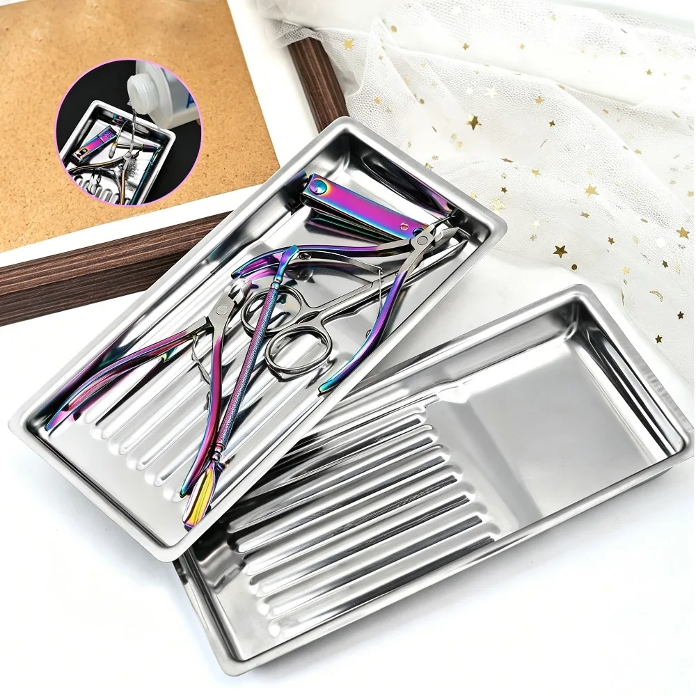 1pc Stainless Steel Nail Art Tool Tray Non-Slip Groove Nail Tool Storage Holder Organizer Soaking Tray for Home Salon Use