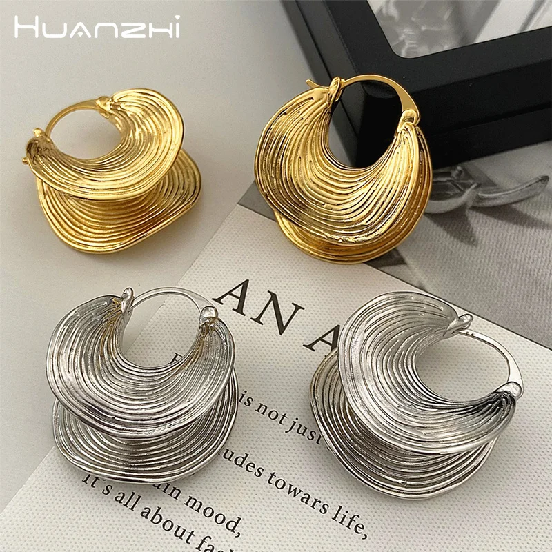 HUANZHI Vintage Metal latón chapado en oro rayas irregulares pendientes grandes con hebilla para mujeres niñas regalos de joyería exagerados