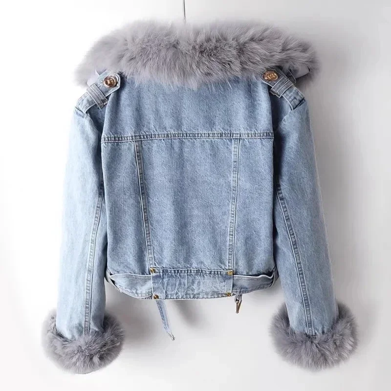 

Denim Jacket Women Faux Fox Fur Collar Jeans Coat 2023 New Winter Coat Female Short Thick Warm Parkas Rabbit Hair Lining Outwear