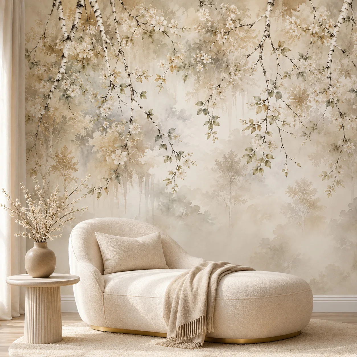 Vintage Birch Tree Floral Forest Wallpaper Mural Beige Botanical Bedroom Living Room Wall Decor Non Self Adhesive Glue Required