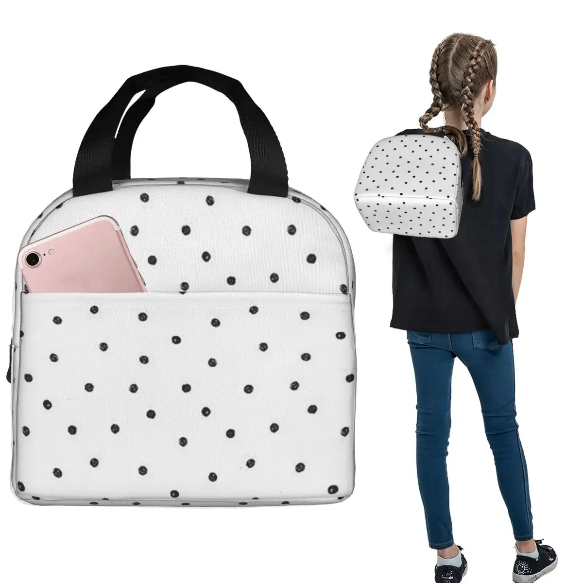 Black White Polka Dot Insulated Lunch Bag for Women Children Leakproof Food Boxes Thermal Lunch Box Tote