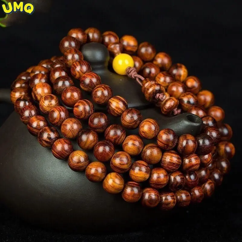 

High Quality Natural Hainan Huanghuali Handstring 2.0 Buddha Beads 108 Indian Small Leaf Red Sandalwood Text Bracelet Old