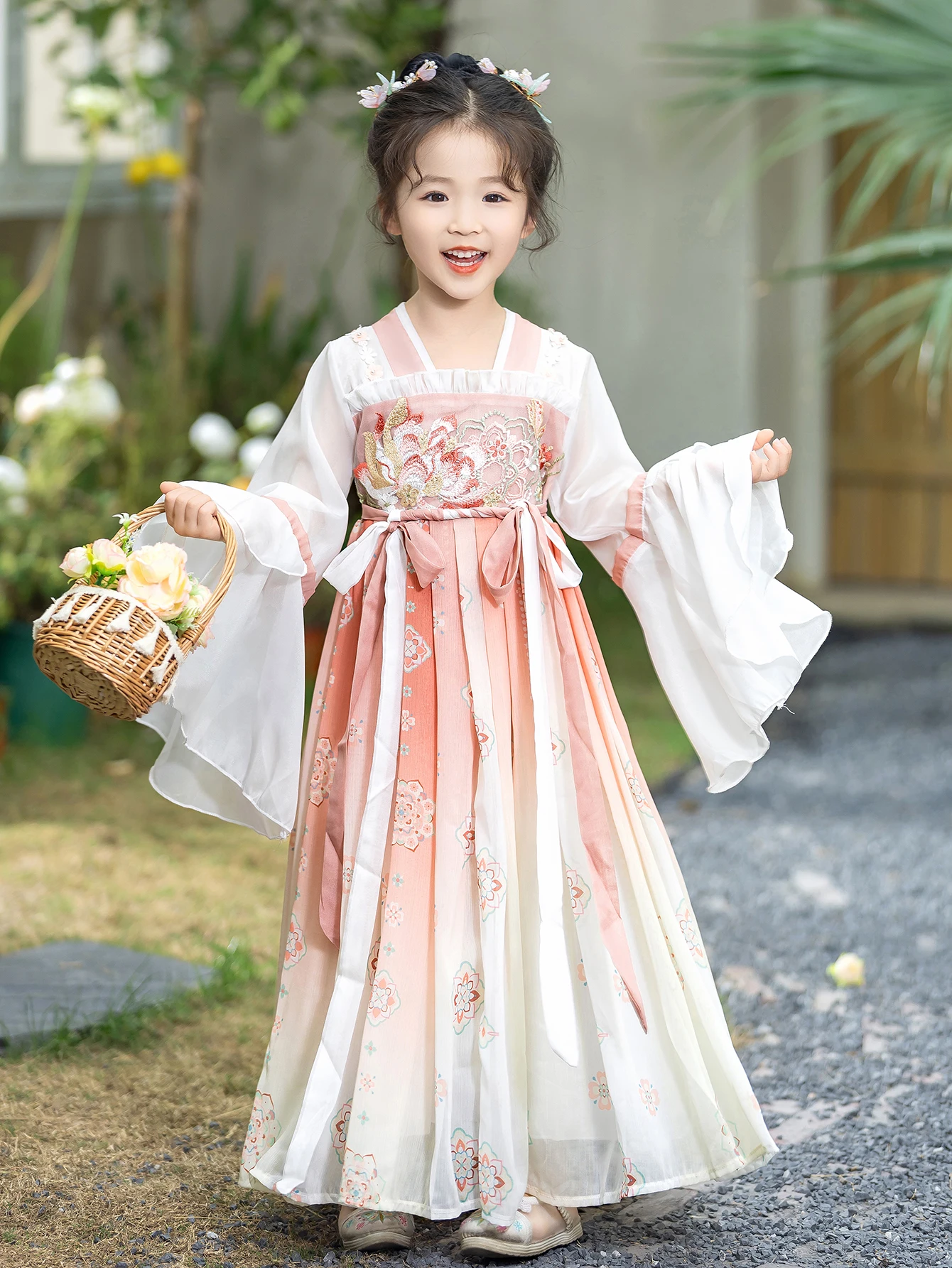 

Традиционная китайская шифоновая юбка для девочек, платье ханьфу с цветочным узором, платье Тан для маленьких девочек, весеннее платье с длинными рукавами