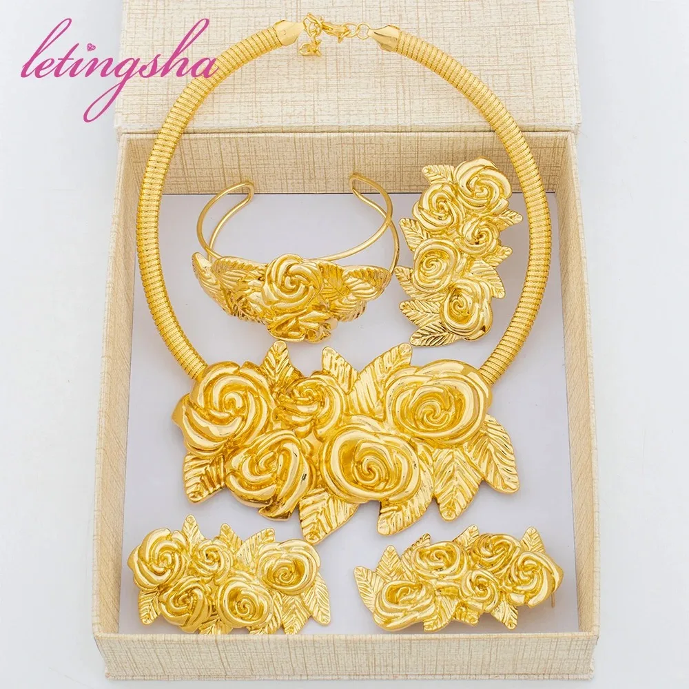 

Luxury Noble Plated Necklace Earrings Ring Bracelet Set for Women Complex Design Jewelry Set Gift for Party Wedding