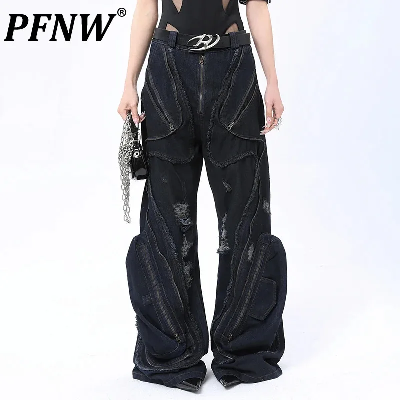 PFNW Side Pocket Hole Niche Jeans Male Heavy Design Dark Wide Leg Pants Loose Vintage Trousers 2024 Autumn Chic New 28W4076