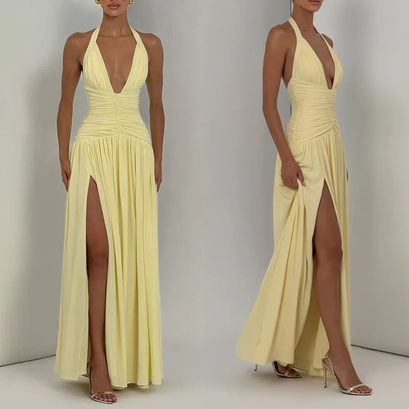 2026 Summary New Women's Fashion Clothes Elegant And Erotogenic V-neck Pleated Fatigue Smart Fit Clothes Summer Long Dress Midi
