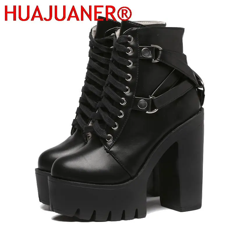 2025 Fashion Black Boots Women Heel Autumn Lace-up Punk Leather Platform Shoes Woman Party Ankle Boots High Heels Botas Mujer