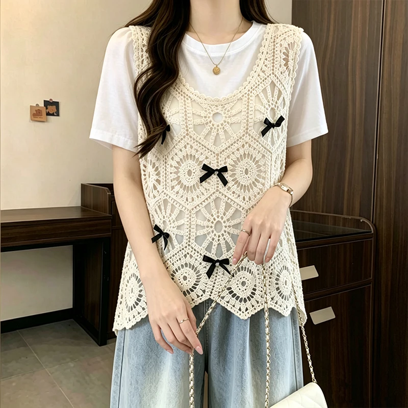 

Women's plus Size Summer New V-neck Embroidered Hollow out Top Sleeveless Vest Brand Fashion Commute Style Regular Length