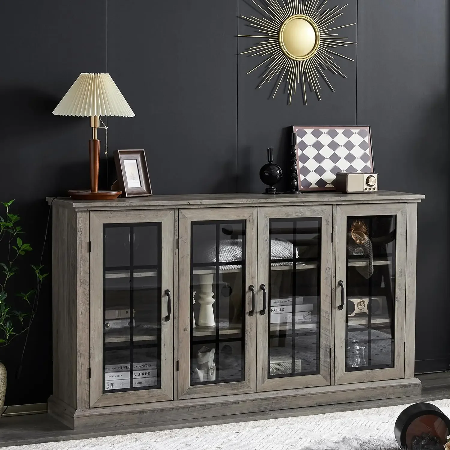 

35" Sideboard, 6 Adjustable Shelves Sideboard Buffet Cabinet with 4 Doors, Accent Storage Credenzas for Dining Room, Washed Grey