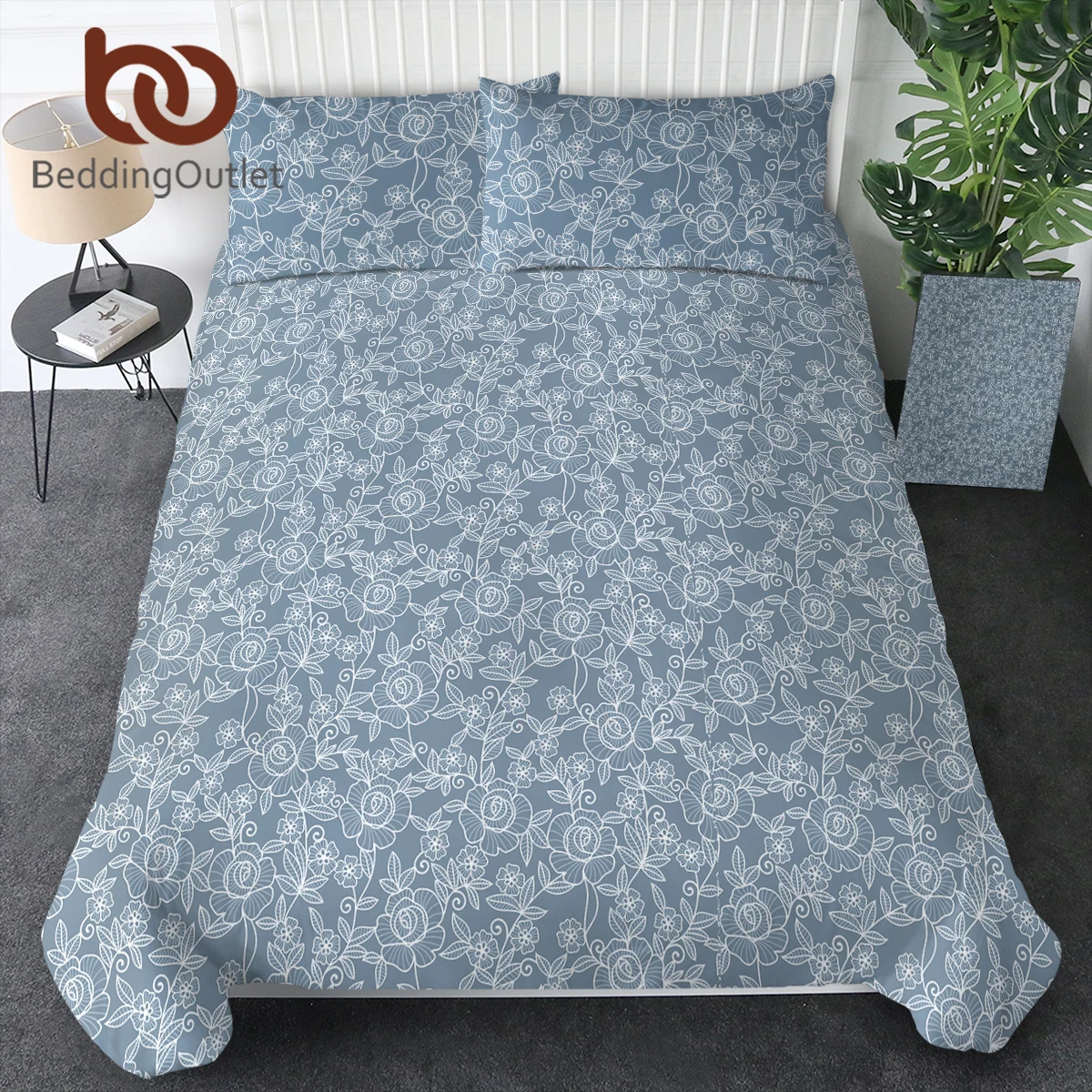 

BeddingOutlet 3PCS Blue Pattern Floral Duvet Cover Flower Decor Microfiber Bedding Set With 2 Pillowcases For Kids Women Bedroom