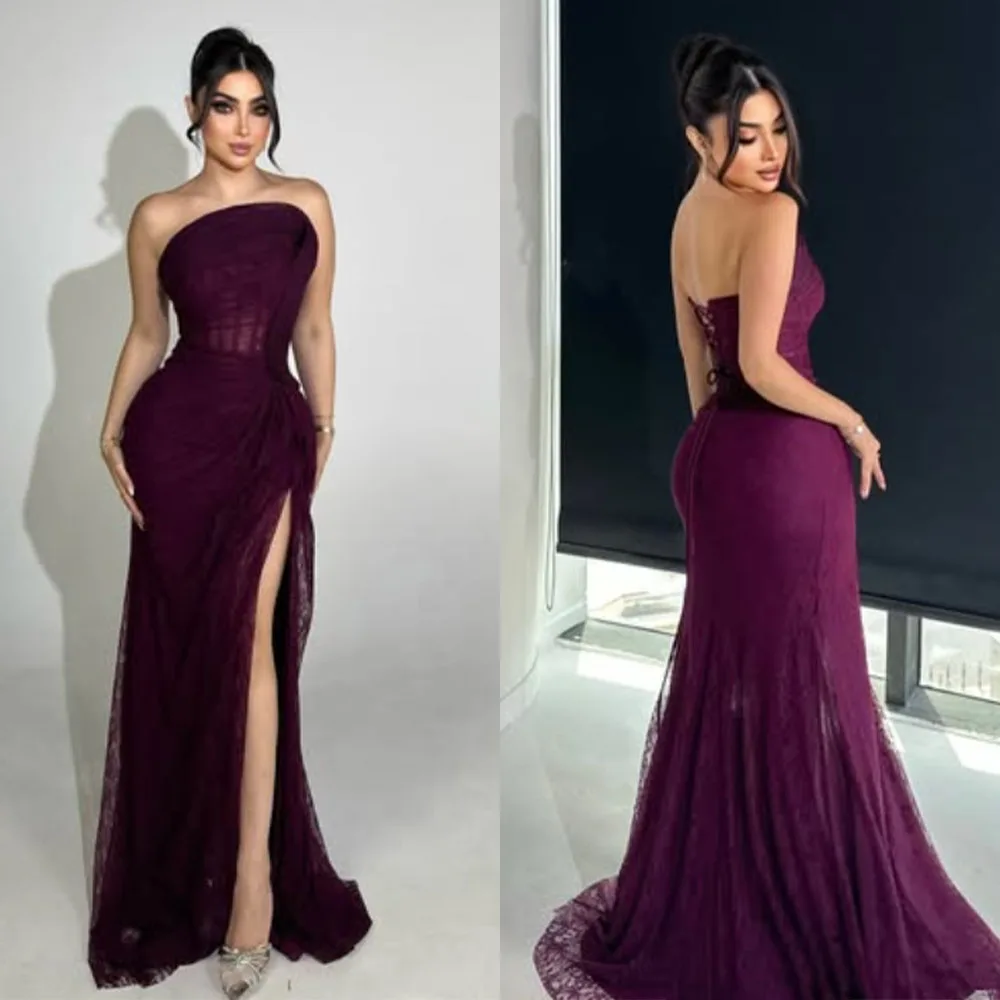 

High Quality Customized Strapless High Fork Sweep Train Back Strap Purple Floor Length Backless Sleeveless Women Wedding Party