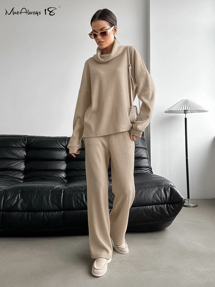 Mnealways18 Khaki Ribbed Knitted New Matching Sets With Pants Half High Collar Sweatshirts Women's 2-Piece Suits Autumn Winter