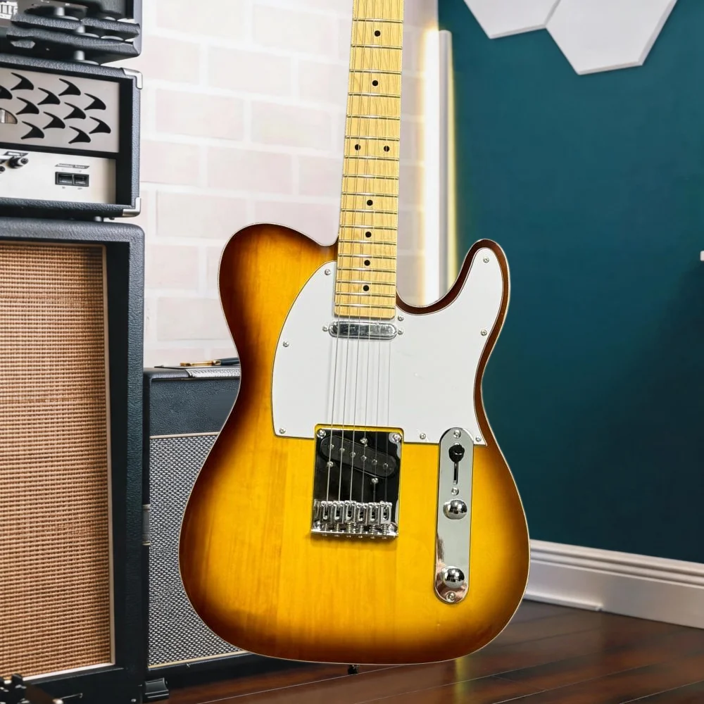 Hot sale Gloss 2 Tone Sunburst   Guitar basswood Body Two Single Coil Pickups White Pickguard Maple Neck Fixed Chrome