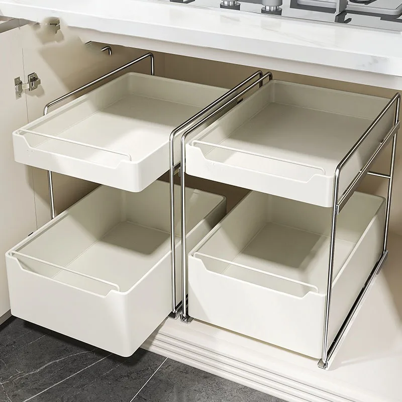 Pull-Out Type Dish Countertop Cabinet Organizer Under Sink 2 Layer Storage Racks Sliding Seasoning Bottle Holder Shelves Kitchen