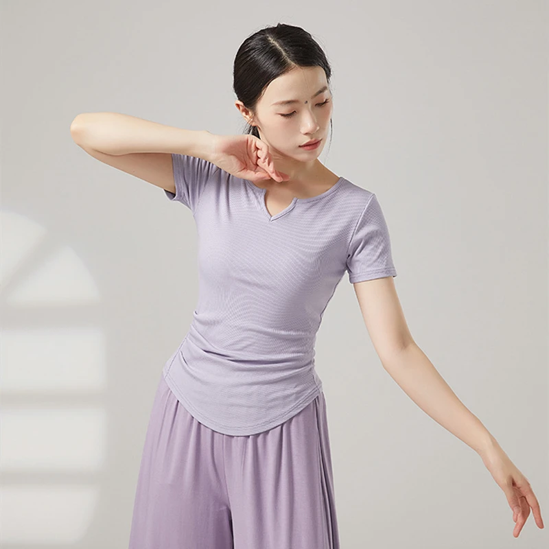 현대 무용 여성 탑 반팔 v 넥 티셔츠 솔리드 컬러 클래식 트레이닝 의류 캐주얼 티 요가 여름 슬림 블라우스