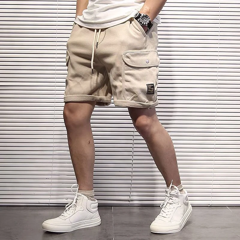 Bermuda Short Pants for Men Solid with Pockets Hiking Draw String Mens Cargo Shorts Vintage Cotton Summer Y2k Harajuku Loose Hot