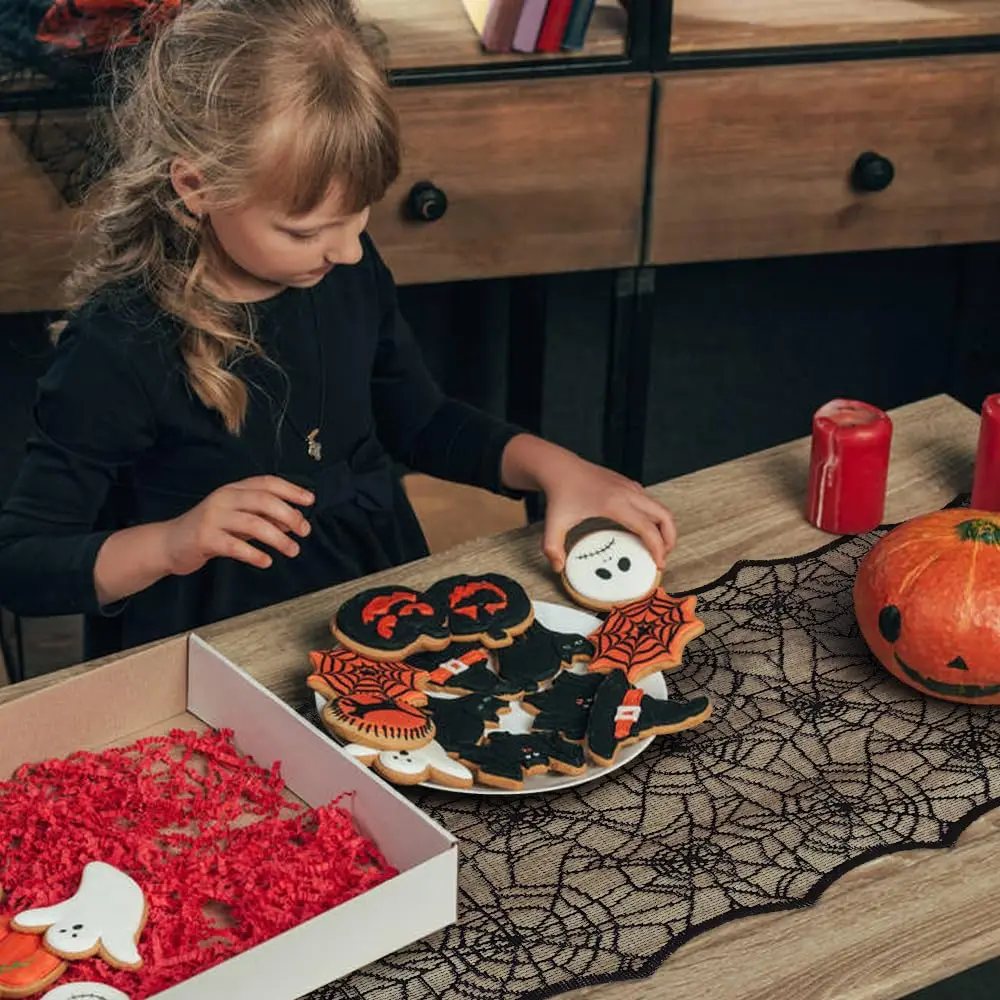 1 Stück Halloween-Dekoration, Tischläufer, Spinnennetz, schwarze Spitze, Tischläufer für Küche, Esstisch, Halloween-Dekoration für den Innenbereich – Detail 11