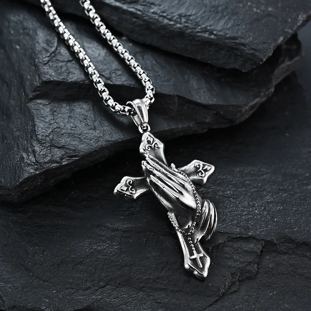 

Stainless steel cross necklace devotional prayer gesture pendant vintage personality niche pendant
