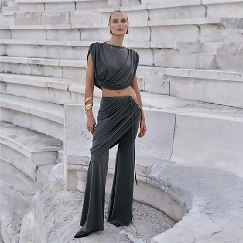 

High Waist Flared Pants Set Open Navel Top Women's Faion Autumn Collection Long Pants Pure Color No Brand Registered Trademark