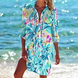 Beach style Tropic Plant Printed Shirt Dress Women Blouse Button Long Sleeve Shirt Fashion Long Dress Boho Loose Vacation Shirts