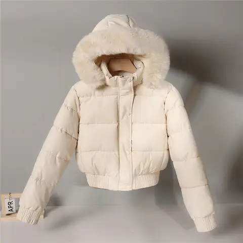 Parkas Down Jacket Women Winter Cotton Short Coat Hooded Fur Collar Office Lady Outerwear Thicken Warm Windproof Overcoat 2025