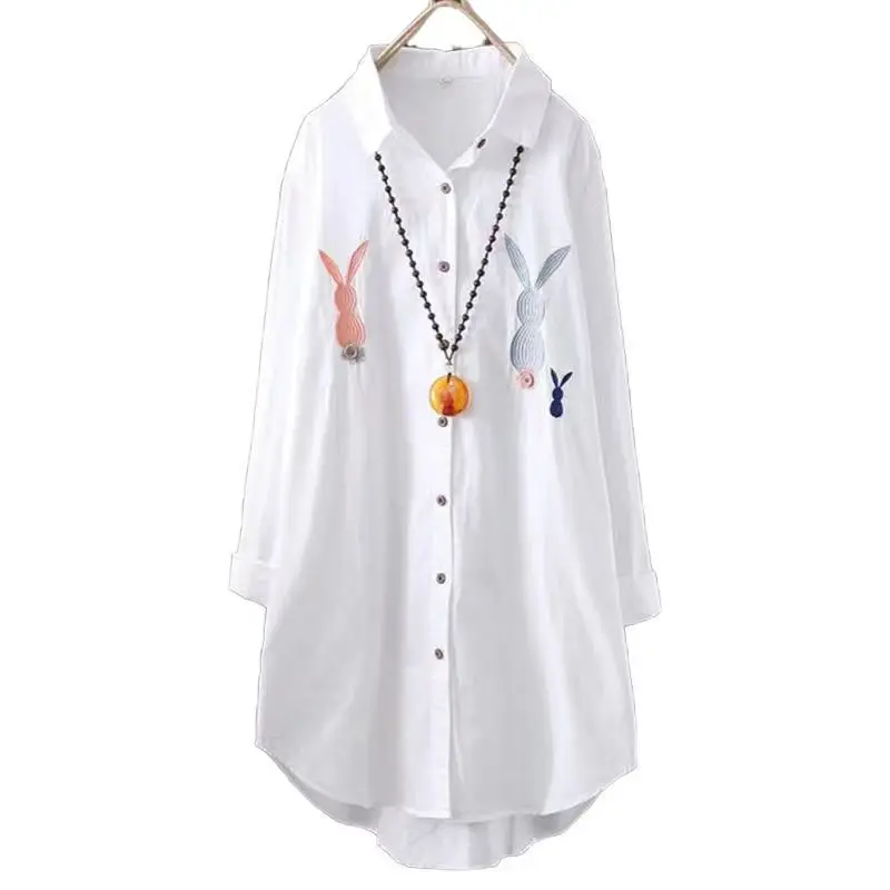 ربيع وصيف جديد Sle فضفاض صالح منتصف طول مطرز الأبيض irt المرأة طويلة Sve القطن قاعدة طبقة الحماية من الشمس irt