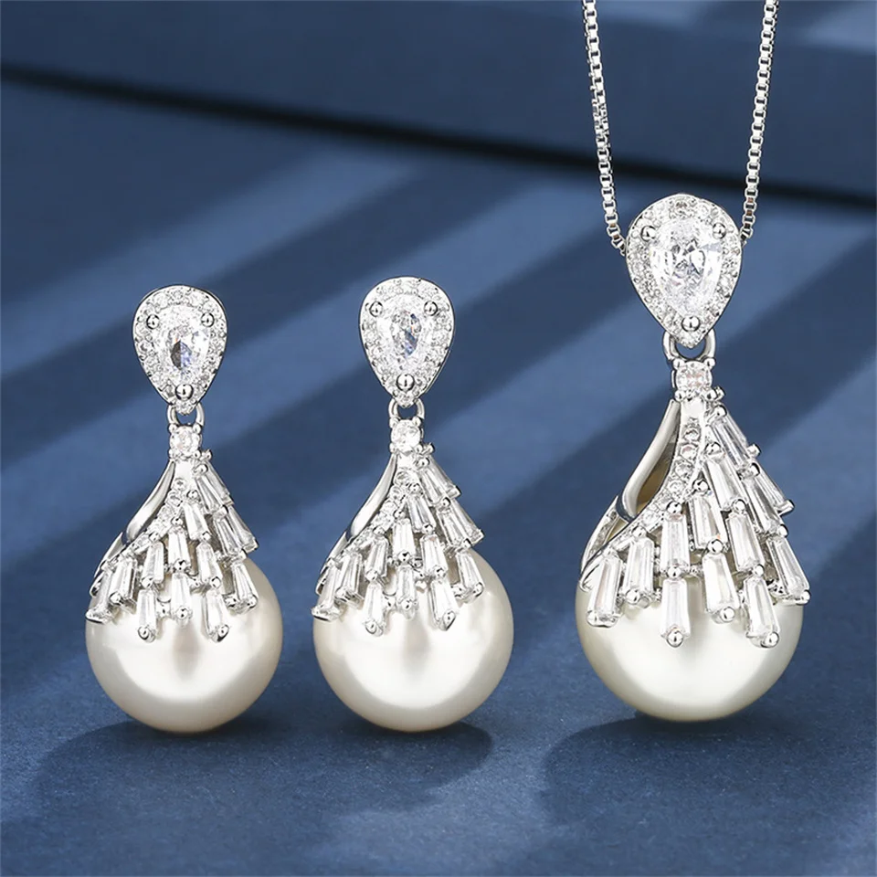 

White Pearl Inlaid High-end Jewelry Set for Women 16-14m Glass Spike Accessories Inlaid with Pearl Jewelry Earrings Necklace Set