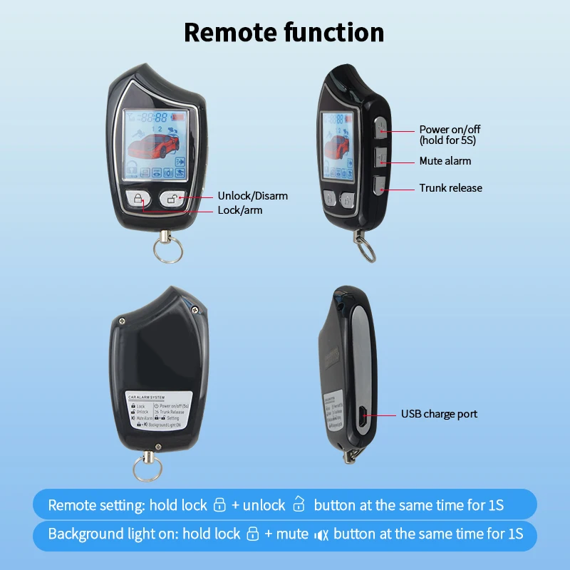 EASYGUARD EC208 FSK 2 Way Car Alarm System with Rechargeable LCD Pager Display & Remote Trunk Release Shock Alarm Warning DC12V